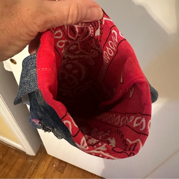 Handcrafted Upcycled Denim Bag lined Cupcake Heart patches lined bandanna - Picture 4 of 7